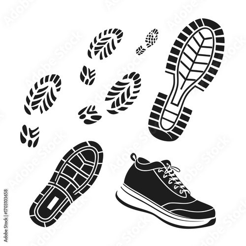 Collection of black shoe prints and a sneaker on a white background representing movement and steps