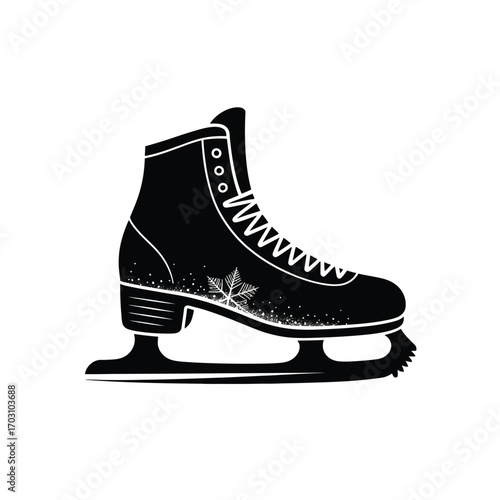 Black ice skate with snowflake detail white winter