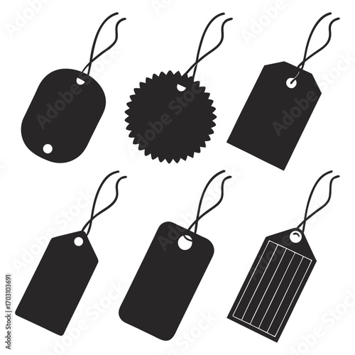Collection of six black silhouette gift tags and price tags with strings on a white background