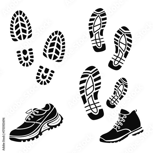 Collection of black silhouette shoe prints and two different types of footwear on a white background