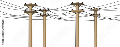 Utility poles with power lines vector illustration, electrical transmission poles with cables, infrastructure for electricity distribution and communication networks