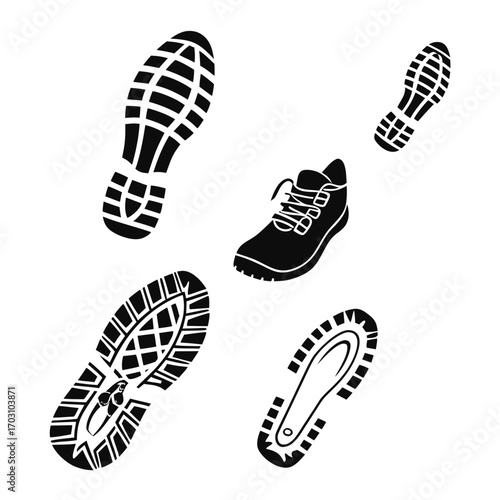 Collection of black shoe prints and a hiking boot silhouette on a white background
