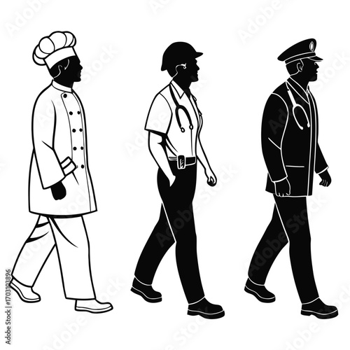 Diverse professionals including a chef construction worker and police officer walking side by side