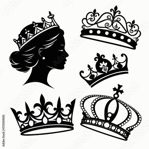 Collection of elegant black silhouette crowns and a royal queen s profile on a white background