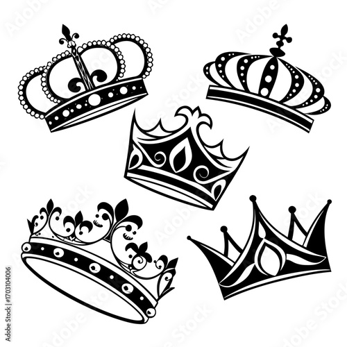 Collection of ornate black and white royal crowns and regal symbols on a clean white background