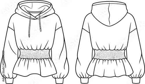 Trendy women's cropped hoodie fashion flat sketch, stylish smocked waist hoodie with balloon sleeves, hoodie technical drawing for designers
