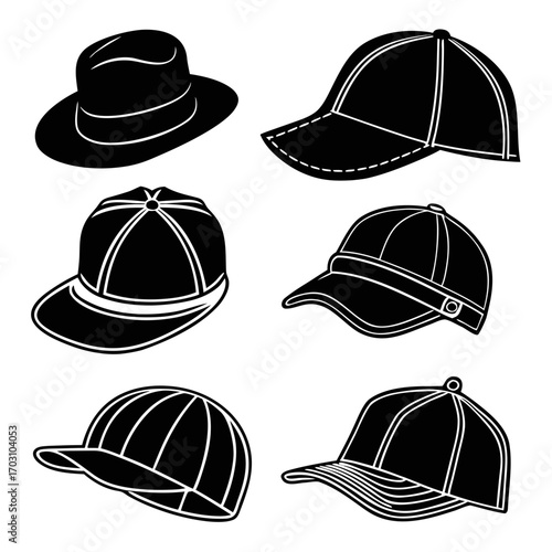 Collection of black silhouette icons featuring various styles of hats and baseball caps
