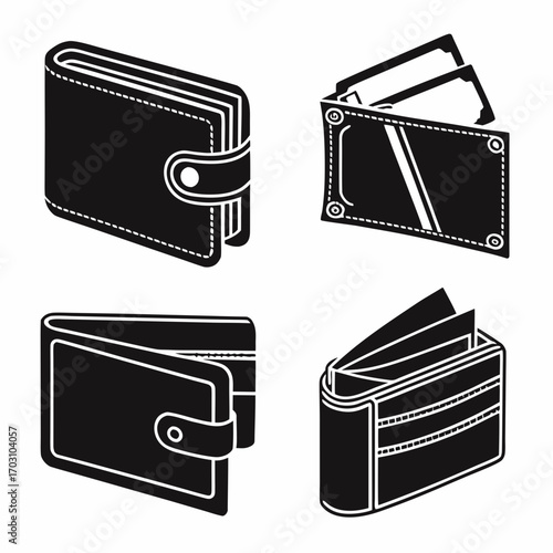Collection of four black silhouette icons representing different types of wallets and money storage solutions