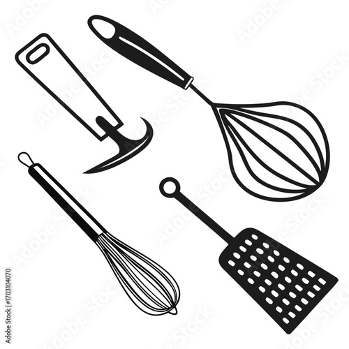 Collection of black and white line art icons representing essential kitchen utensils for baking and cooking preparation