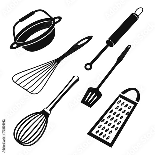 Collection of black silhouette kitchen utensils including whisk spatula grater and pot on white background