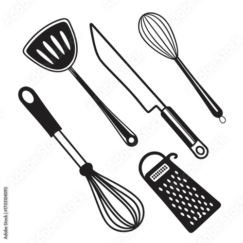 Collection of essential kitchen utensils including whisks a spatula a knife and a grater on a white background