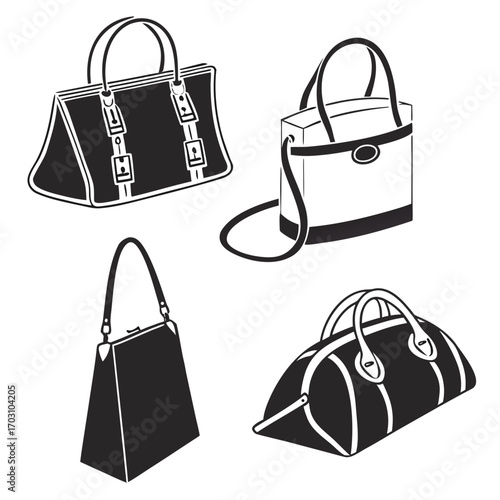 Collection of four distinct black and white silhouette style handbags and duffel bags on a white background