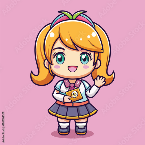 Adorable cartoon girl holding money and waving cheerfully in bright playful illustration style