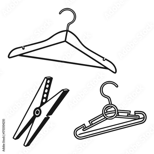 Simple black and white line art illustration of two clothes hangers and a clothespin on a white background