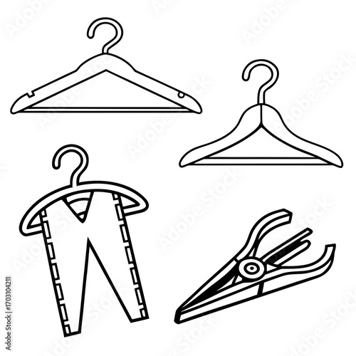 Collection of simple line art icons representing clothing hangers a clothes pin and a pair of pants