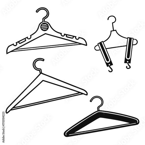 Collection of four different styles of clothing hangers in simple black and white line art illustration