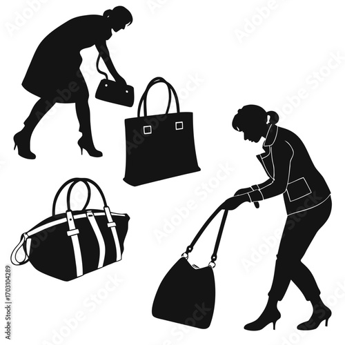 Silhouettes of women interacting with various handbags and luggage on a white background