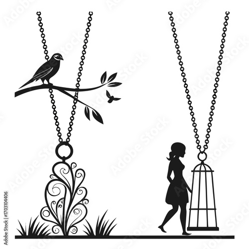 Silhouette of a woman with a birdcage and a bird on a branch with decorative elements