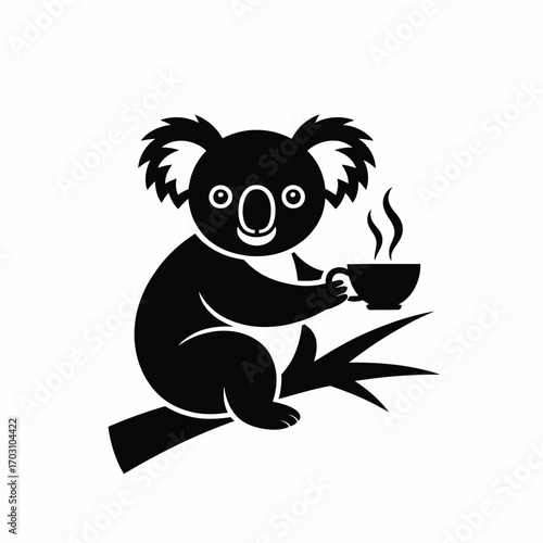 Black koala silhouette holding steaming coffee cup on branch white animal