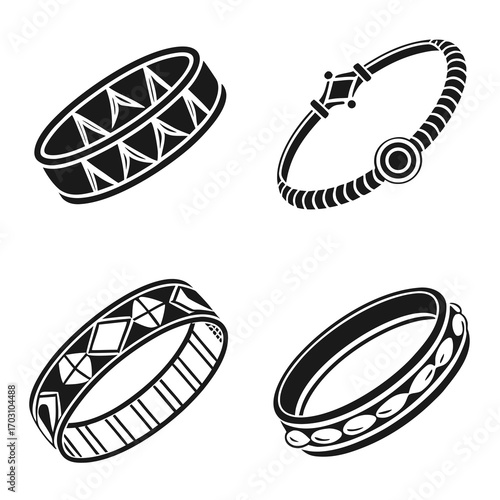 Collection of four stylized black and white vector illustrations of different bracelets and bangles