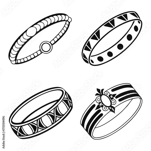 Collection of four distinct black and white outline drawings of elegant rings and bracelets with intricate designs