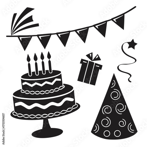 Collection of black and white birthday party elements including a cake with candles gift bunting and party hat