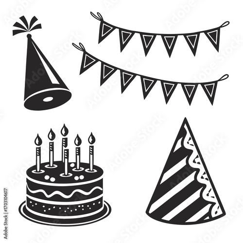 Collection of black and white birthday party icons including hats cake with candles and bunting flags