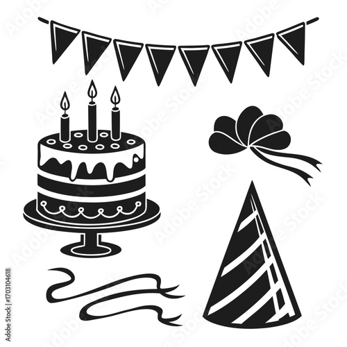 Collection of black silhouette birthday party elements including cake candles bunting party hat bow and ribbon
