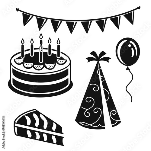 Collection of black and white birthday party icons including cake balloons party hats and bunting flags