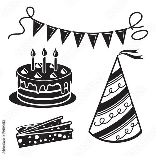Black and white illustration of a birthday cake with candles party hat gift box and bunting flags