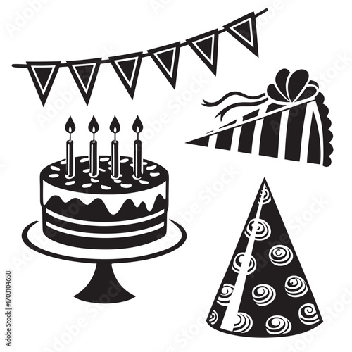 Black and white graphic elements for a birthday celebration including a cake party hat and bunting