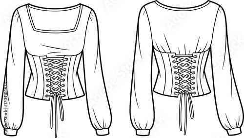 Vector fashion sketch of women's corset tops with puff sleeves. Front and back view of lace-up blouse design.