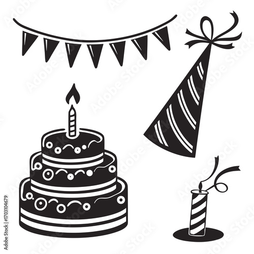 Black and white illustration of a tiered birthday cake with a candle party hat bunting and a party popper