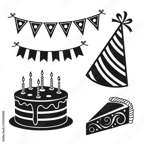 Collection of black silhouette birthday party elements including cake candles party hat and banners on white background