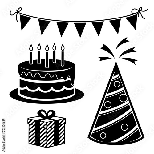 Black silhouette icons of birthday cake with candles gift box party hat and bunting flags on white background