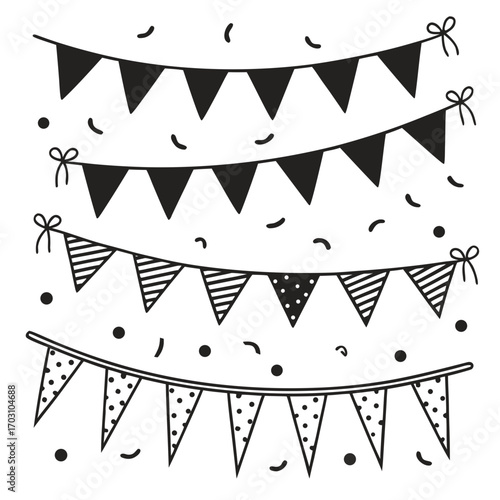 Collection of hand drawn black and white festive bunting flags and confetti for celebrations and parties