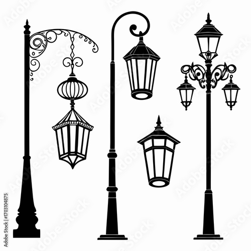 Collection of black silhouette vintage street lamps and lanterns on a white background