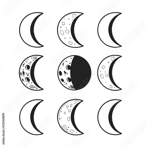 Collection of hand drawn moon phases in different stages of illumination against a white background