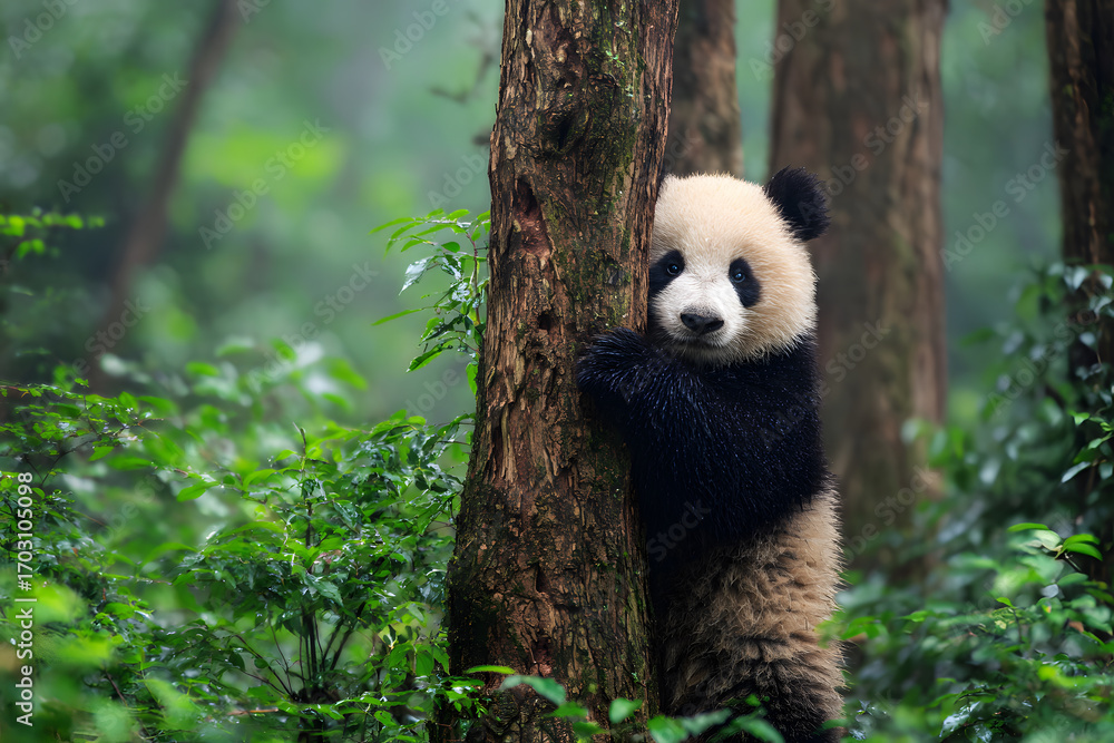 Fototapeta premium Panda embracing a tree trunk with a lush forest backdrop creating a serene nature scene