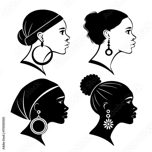 Four elegant black woman silhouettes in profile view with diverse hairstyles and jewelry