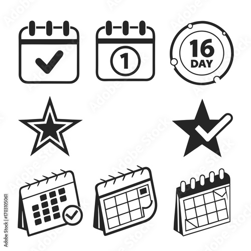 Collection of calendar and star icons representing dates deadlines and important events with checkmarks