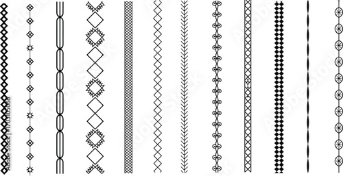 Vector set of decorative vertical borders and ethnic trim designs for fabric, embroidery, textiles, scrapbooking, or digital patterns.