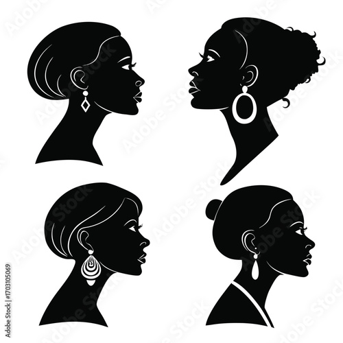 Four diverse black women silhouettes showcasing different hairstyles and elegant earrings in profile view