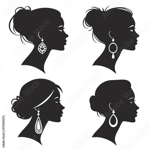 Four elegant female silhouettes in profile wearing various stylish dangling earrings and updos