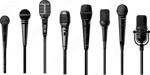 Vector illustration of various professional microphones with cords, dynamic and condenser mic designs for music, podcasting, vocals, and broadcasting