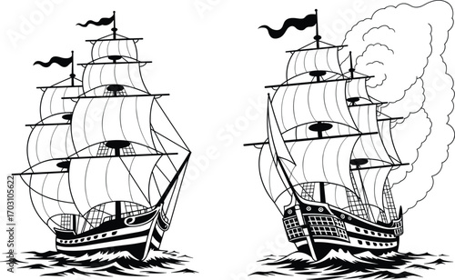 Set of vintage sailing ship illustrations with full sails and billowing smoke, classic tall ships, maritime vector drawings, historic ocean vessels