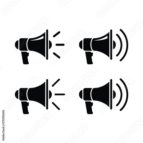 Black megaphone icons with sound waves and lines announcement broadcast