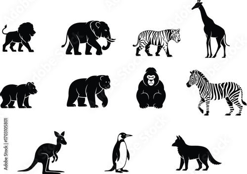 Silhouette collection of wild animals including lion, elephant, tiger, giraffe, bear, gorilla, zebra, kangaroo, penguin, and wolf vector icons