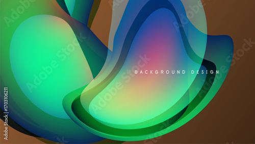 Abstract fluid shapes blend vibrant colors. Dynamic composition creates modern visual impact. Background design features smooth gradients, flowing forms.