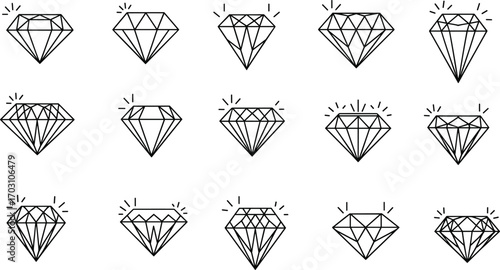 Set of sparkling diamond icons in black line art style, jewelry vector illustrations, gem shapes, luxury and elegance symbols